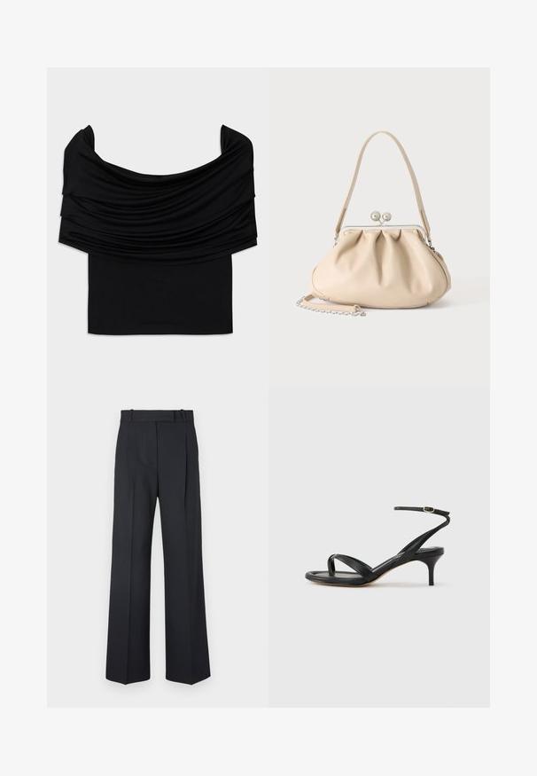 Zwarte off-shoulder top met gevallen stof, zachte textuur en een getailleerd ontwerp. Kenmerkt zich door een gladde, minimalistische zoom op de taille.; Donkerblauwe pinstriped broek met een hoge taille, wijde pijpen en zonder zichtbare hardware of versieringen. Glad textuur en nauwkeurige pasvorm.; Zwarte leren dames sandaal met dunne bandjes, een teengreep, een enkelgesp en een stilettohak van gemiddelde hoogte op een neutrale achtergrond.; Beige zachte leren handtas met een zilveren metalen frame sluiting, een enkele schouderriem en een optionele kettingriem op een witte achtergrond.