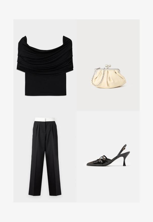 Schwarzes schulterfreies Top mit drapiertem Stoff, weicher Textur und figurbetontem Design. Mit einem glatten, schlichten Saum an der Taille.; Schwarz gefaltete Hose mit breitem weißen Bund, gerader Schnitt und eleganter Textur für einen strukturierten Look.; ALOHAS JOELLE ONIX - Pumps - black; Faltige beigefarbene Ledertasche mit einem silbernen Metallrahmen, ausgestattet mit zwei runden dekorativen Verschlüssen und einem silbernen Kettenriemen.