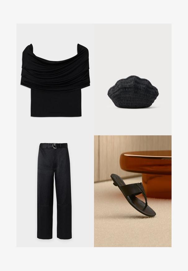 Schwarzes schulterfreies Top mit drapiertem Stoff, weicher Textur und figurbetontem Design. Mit einem glatten, schlichten Saum an der Taille.; Schwarze weitgeschnittene Hose mit strukturierter Oberfläche, ausgestattet mit einem Gürtel mit einer runden silbernen Schnalle und minimalen Nähten.; Schwarze Lederdamensandale mit niedrigem Absatz, die über einem beigen Teppich neben einem runden braunen Tisch in einem minimalistischen Innenraum schwebt.; Schwarze Korbtasche in Muschelform mit gebogenem Oberteil und gewebter Textur auf einfarbigem Hintergrund.