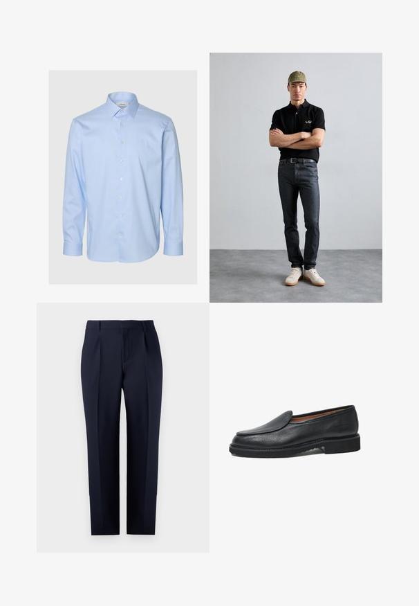 Hellblaues Hemd mit Knöpfen, lange Ärmel, klassischer Kragen, gefertigt aus glattem Stoff mit subtiler Textur und perlmuttfarbenen Knöpfen.; Marineblaue, maßgeschneiderte Hose aus strukturiertem Stoff, mit geradem Schnitt, Vorderfalten und einem klassischen Bund mit Gürtelschlaufen.; Schwarzer Leder-Schlüpfschuh mit strukturiertem Obermaterial, abgerundeter Zehenpartie und flacher Gummisohle. Einfaches Design mit minimalen Akzenten und Steppdetails.; Schwarzes Polohemd mit goldenem Logo, dunkle Jeans und helle Schuhe. Olivgrüne Mütze mit Logo. Das Modell steht mit verschränkten Armen vor einem strukturierten Hintergrund.
