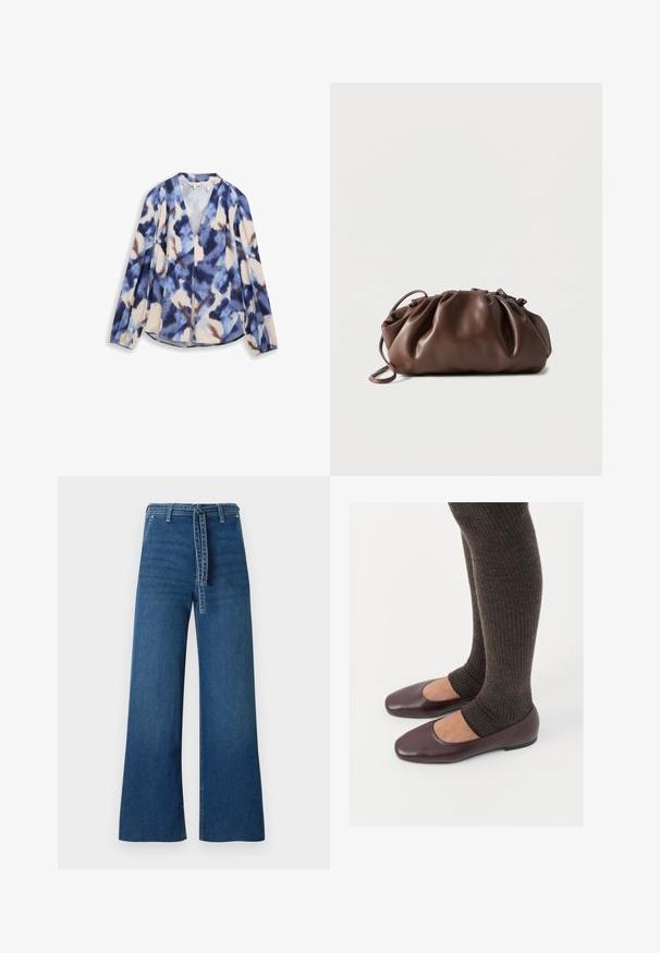 Multikleurige blouse met een aquarel blauwe, beige en bruine abstracte patroon. Beschikt over lange mouwen en een V-hals ontwerp.; TOM TAILOR DENIM TTMIJA CULOTTE FIT - Flared Jeans - used mid stone blue denim; Bordeaux lakleren ballerina's met een vierkante neus, gecombineerd met donkerbruine geribbelde sokken die tot halverwege de kuit reiken.; Zachte bruine leren tas met samengevouwen bovenkant en smalle riem, liggend op een witte achtergrond.