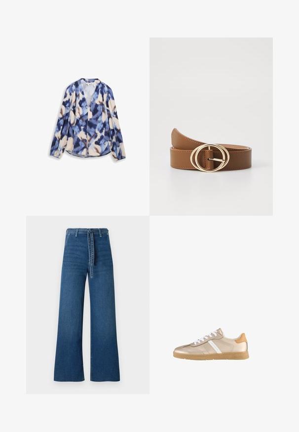 Blusa multicolor con un patrón abstracto en colores azul, beige y marrón, similar a acuarelas. Presenta mangas largas y un diseño de escote en V.; TOM TAILOR DENIM TTMIJA CULOTTE FIT - Vaqueros a campana - used mid stone blue denim; Zapatillas de cordones en faux cuero metálico dorado, con acentos blancos y una suela de goma beige. Parte superior texturizada y cuello acolchado.; Cinturón de cuero marrón con hebilla de doble círculo dorada, que presenta una textura suave y longitud ajustable. Diseño sencillo con costuras prolijas.