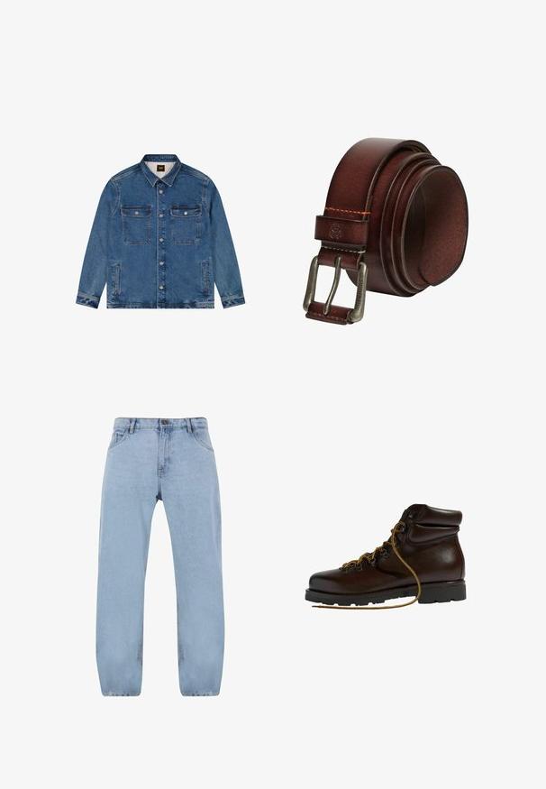 Denimblå jakke med krave, knaplukning foran, to brystlommer med klap, to sidelommer med slidser og lange ærmer.; Lys blå denimjeans med et lige ben-design, der har fire lommer, en lynlås og detaljer i gul syning.; Brun læder vandrestøvle med en afrundet tå, tekstureret overflade, gule snørebånd og metaløjer. Har en robust sort gummisål.; Rullet mørkebrun læderbælte med metal spænde med nål, indgraveret med "SUPERDRY" og synlige syninger nær spændet.