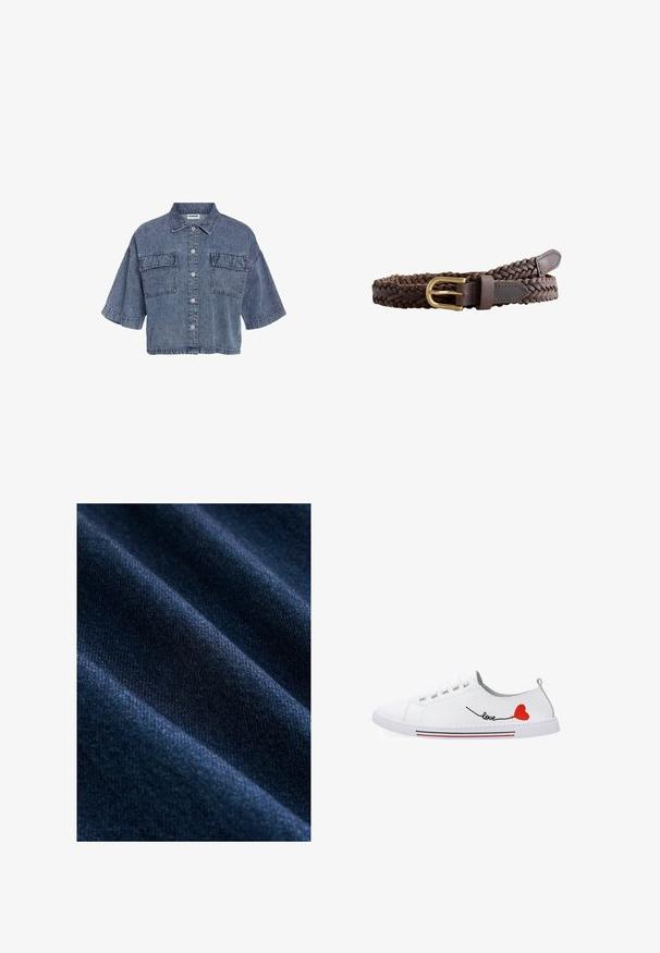 Kortere blauwe denimjack met korte mouwen, een knoopsluiting aan de voorkant en twee borstzakjes met klep.; Donkerblauwe denimstof met een gladde textuur, met zichtbare diagonale weefpatronen en subtiele variaties in kleur en glans.; Witte sneaker met vetersluiting, met een rood hart en "love" borduursel aan de zijkant en rode, zwarte strepen op de zool.; Bruine gevlochten leren riem met een goudkleurige metalen gesp en gestikte leren uiteinden, opgerold op een witte achtergrond.
