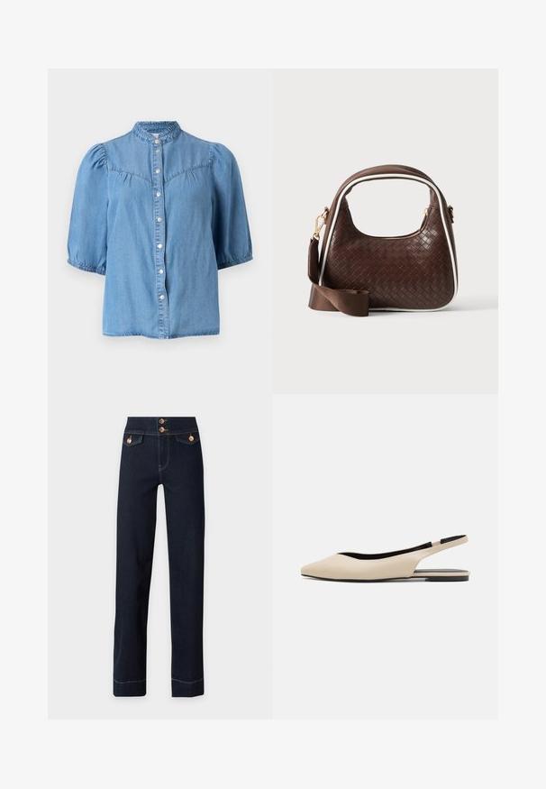 Blouse en denim bleu clair avec manches courtes bouffantes, col montant à volants et fermeture à pression sur le devant.; Jean bleu foncé taille haute avec jambes droites, boutons en cuivre, poches à rabat à l'avant et coutures jaunes visibles.; Ballerines à talon open-back en cuir beige avec un bout pointu, un design minimaliste, une texture lisse et une semelle noire basse.; Sac à main en cuir tressé marron avec passepoil blanc, fermeture éclair dorée et bandoulière amovible en tissu marron.