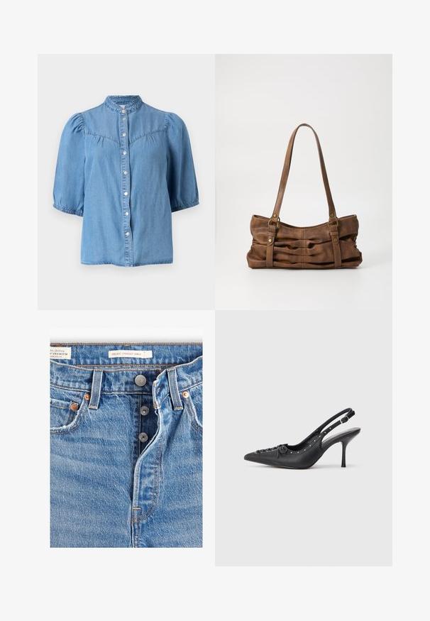 Blusa de mezclilla azul claro con mangas cortas abullonadas, cuello alto con volantes y cierre frontal con botones a presión.; Jeans de mezclilla azul claro con corte recto a la altura del tobillo. Incluye cinco bolsillos, dos botones de metal y costuras naranjas visibles. Etiquetas presentes.; Sandal de tacón stiletto negro de cuero con punta afilada, correa lateral con hebilla, tachuelas a lo largo del borde y cordones decorativos en la parte delantera.; Even&Odd Bolso de mano - brown