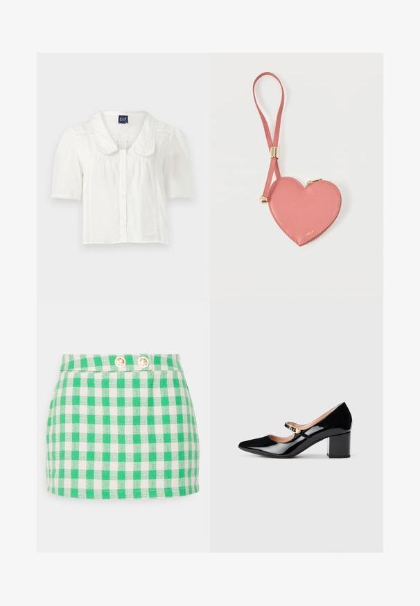 Blusa blanca de manga corta con cuello y cierre de botones, que presenta pliegues verticales sutiles y acentos texturizados a lo largo de los lados.; Vero Moda Petite MINI SKIRT - Minifalda - bright green/birch; Zapatos de tacón Mary Jane de charol negro con punta afilada, tacón bloque medio y una hebilla decorativa dorada en la correa.; Monedero de cuero rosa en forma de corazón con correa para la muñeca y cremallera dorada, con la marca "Furla" en pequeño texto dorado.