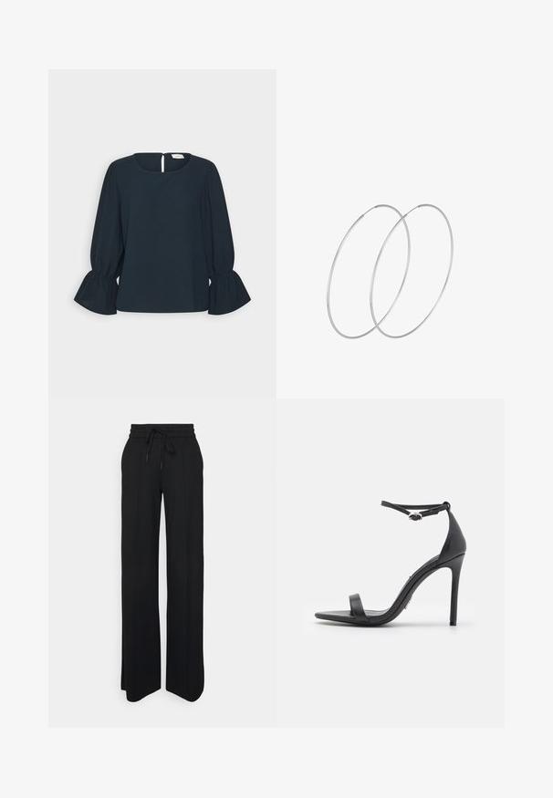 JDY JDYLION O NECK - Blouse - sky captain; Pantalons larges noirs en tissu doux. Dotés d'une taille élastique avec cordon de serrage, de lignes épurées et sans motifs ni accents visibles.; Sandales noires à talons hauts avec un orteil ouvert, des fines lanières et une boucle à la cheville. Texture en cuir lisse avec un design de forme pointue.; Boucles d'oreilles en argent au design minimaliste. Forme circulaire, texture lisse et profil fin. Légères avec une finition polie.