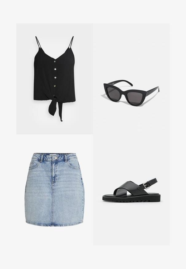 Schwarzes Spaghetti-Top mit dünnen Trägern, V-Ausschnitt, vorderem Knopfverschluss und geknotetem unteren Saum. Hergestellt aus leichtem Stoff mit glatter Textur.; Hellblaue Jeans-Minirock mit vorderem Knopf- und Reißverschluss, Gürtelschlaufen und vorderen Taschen.; Schwarze Leder-Sandalen mit einem Kreuzriemen-Design, verstellbarem Schnallenverschluss und strukturierten Sohlen mit Rippen für besseren Halt.; Schwarze Cat-Eye-Sonnenbrille mit matter Oberfläche, grauen getönten Gläsern, scharfen Kanten und schlanken Bügeln. Der Markenname ist auf dem inneren Bügel sichtbar.