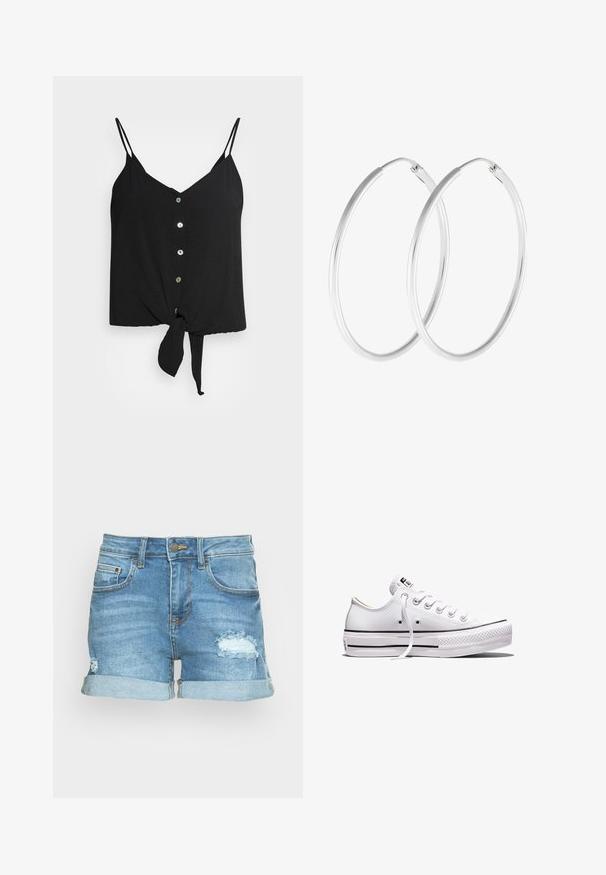 Zwarte cami met dunne spaghettibandjes, v-hals, knoopsluiting aan de voorkant en een geknoopte onderrand. Gemaakt van lichtgewicht stof met een gladde textuur.; Lichtblauwe denim shorts met een distressed patroon. Voorzien van opgerolde zoom, voor- en achterzakken en een metalen knoopsluiting.; Wit lage canvas sneaker met witte veters, rubberen zool, zwarte streepdetails en logopatch op de tong en hiel.; Zilverkleurige oorringen met een gladde, ronde vorm en een gepolijste afwerking. Beide oorbellen zijn van dezelfde grootte en hebben een veilige sluitmechanisme.
