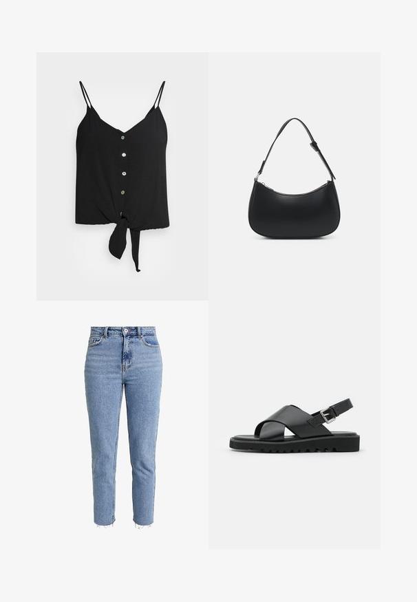 Sort cami-top med tynde stropper, v-halsudskæring, knaplukning foran og knyttet bundkant. Lavet af letvægtsstof med en glat overflade.; Lysblå højtaljede jeans lavet af denim, med lige ben, raslede nederkant og minimalistisk design uden udsmykninger.; Sorte lædersandaler med et korsremdesign, justerbar spænde og en tekstureret sål med riller for bedre greb.; Pieces PCALUANA SHOULDER BAG - Håndtasker - black