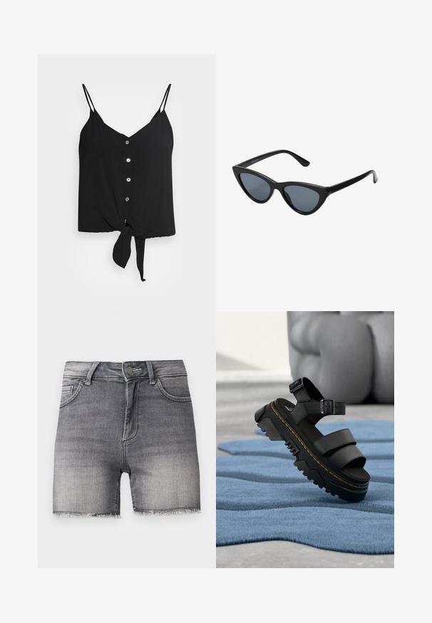 Camisole noire avec fines bretelles, décolleté en V, fermeture à boutons à l'avant et ourlet inférieur noué. Fabriquée en tissu léger avec une texture lisse.; Short en jean noir délavé avec ourlets effilochés, fermeture devant par bouton et zip, et deux poches avant sur un fond uni.; Sandale à plateforme noire avec semelle épaisse, bride ajustable à la cheville et surpiqûres jaunes reposant sur un tissu bleu texturé.; Lunettes de soleil noires en forme d'œil de chat avec des verres gris foncé, monture en plastique élégante, coins pointus et branches droites. Pas de métal visible ni d'accents.