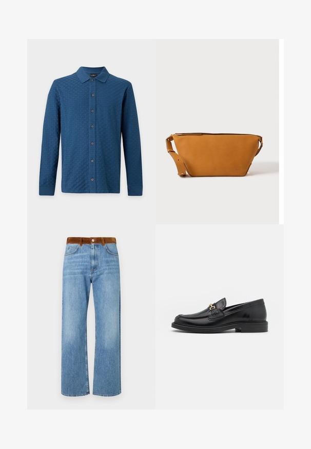 Chemise bleue texturée à manches longues avec col et boutons marron sur un fond clair uni.; Jeans en denim bleu clair avec une coupe droite, dotés d'une taille en suède marron, de poches avant et d'une fermeture éclair.; Mocassins en cuir noir avec un embout rond, présentant des accents en métal doré et des détails de couture, montés sur une semelle en caoutchouc texturé et basse.; Sac bandoulière en cuir marron clair avec sangle réglable et fermeture éclair, présenté sur un fond clair uni.