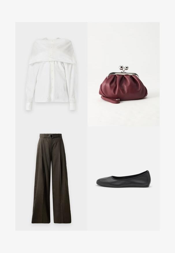 Chemise blanche à manches longues, en coton, avec un devant à boutons, un design dégageant les épaules et un dos drapé, texture lisse, col classique et poignets.; Pantalons taille haute à jambe large en tissu marron foncé avec une texture lisse. Comprend une ceinture assortie avec une boucle circulaire et un design plissé.; Ballerines en cuir noir avec un bout rond, texture lisse, détails de couture minimalistes et design de semelle flexible.; Petit sac pochette en cuir bordeaux avec fermoir métallique argenté et bracelet sur fond blanc.