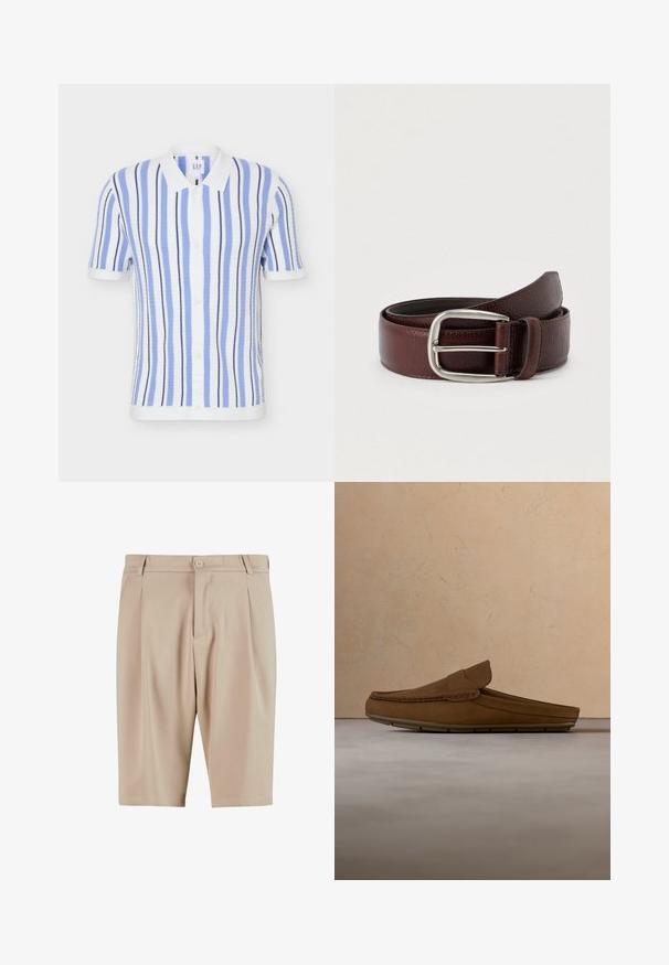 Kortærmet polo med lodrette blå, hvide og marineblå striber, hvid krave, knapløsning og ribstrikkede manchetter og kant.; Beige skræddersyede shorts med plisseringer, der har en knaplukning og klassisk design. Glat tekstur, knælængde og ingen synlige lommer.; Brun læderloafer svæver over et beige vævet tæppe med et rundt træbord og stablede bøger i et blødt oplyst stueområde.; Brunt læderbælte med tekstureret finish, med spænde i sølvmetal og en enkel løkke til justering. Vævet design nær spændet.