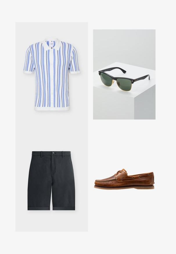 Polo de manga corta con rayas verticales azules, blancas y marinas, cuello blanco, tapeta de botones y puños y bajo acanalados.; Pantalones cortos negros hasta la rodilla con dobladillos vuelta, cierre con botón, trabillas para cinturón y diseño frontal plano sobre un fondo blanco liso.; Zapato de barco de cuero marrón con acentos de costura, con ojales de metal, una costura elevada en la puntera y una suela de goma plana.; Gafas de sol Ray-Ban con lentes verdes, montura de plástico negro y acentos dorados en los bordes. Forma cuadrada con acabado mate.