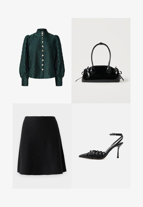 Blouse texturée vert foncé avec des manches longues bouffantes, un col haut et une rangée de huit boutons ronds dorés à l'avant.; Jupe en tricot noire au design évasé, avec une texture lisse et une taille, atteignant la longueur des genoux sans fermetures visibles.; Chaussure à talon haut noire à bout pointu, bords festonnés, œillets métalliques, lacets à l'avant et bride de cheville avec fermeture à boucle.; Petit sac à main noir brillant avec deux longues anses et des détails à cordon sur les côtés sur un fond clair uni.