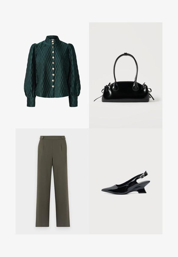 Blusa texturizada de color verde oscuro con mangas largas abullonadas, cuello alto y una fila frontal de ocho botones redondos dorados.; Pantalones verde oliva con un diseño de pierna recta, que presentan dos botones en la cintura y pliegues frontales para un detalle adicional.; Zapato slingback de cuero charol negro con puntera puntiaguda y tacón bajo en bloque inclinado sobre fondo claro liso.; Pequeño bolso negro brillante con dos asas largas y detalles de cordón lateral sobre un fondo claro liso.