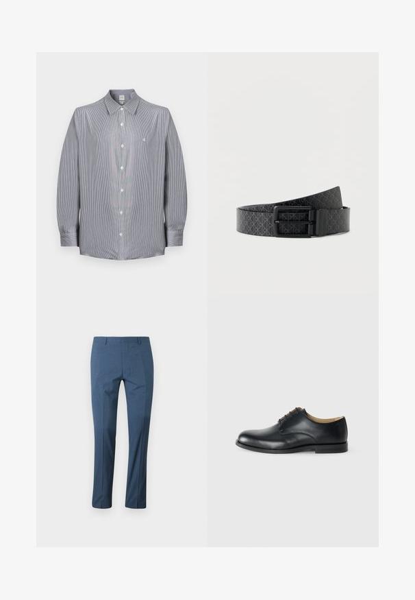 Chemise à manches longues pour homme avec fines rayures grises et blanches, col pointu, et petit logo blanc brodé sur la poitrine.; Pantalon bleu pour homme, coupe ajustée avec passants pour ceinture, présenté à plat sur fond blanc.; Calvin Klein ESS DERBY - Derbies - triple black; Ceinture en cuir noir avec un motif géométrique subtil répété et une boucle rectangulaire noire mate, enroulée sur un fond blanc.