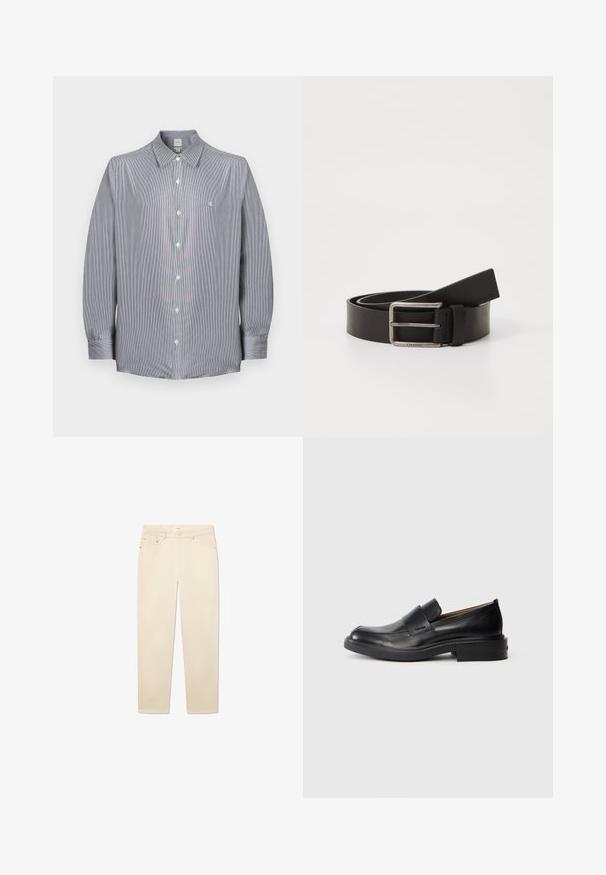 Herenoverhemd met lange mouwen en knopen, met fijne grijs-witte strepen, puntige kraag en klein wit geborduurd logo op de borst.; Witte beige denim jeans met een rechte pijp, voorzien van vijf zakken, een knoop- en ritsluiting, en subtiele stikseldetails.; Zwarte leren instap schoenen met een lage hak en subtiel Calvin Klein-logo aan de zijkant, weergegeven in profiel op een witte achtergrond.; Zwarte leren riem met een matte afwerking, voorzien van een rechthoekige metalen gesp en een band met het Calvin Klein-logo.
