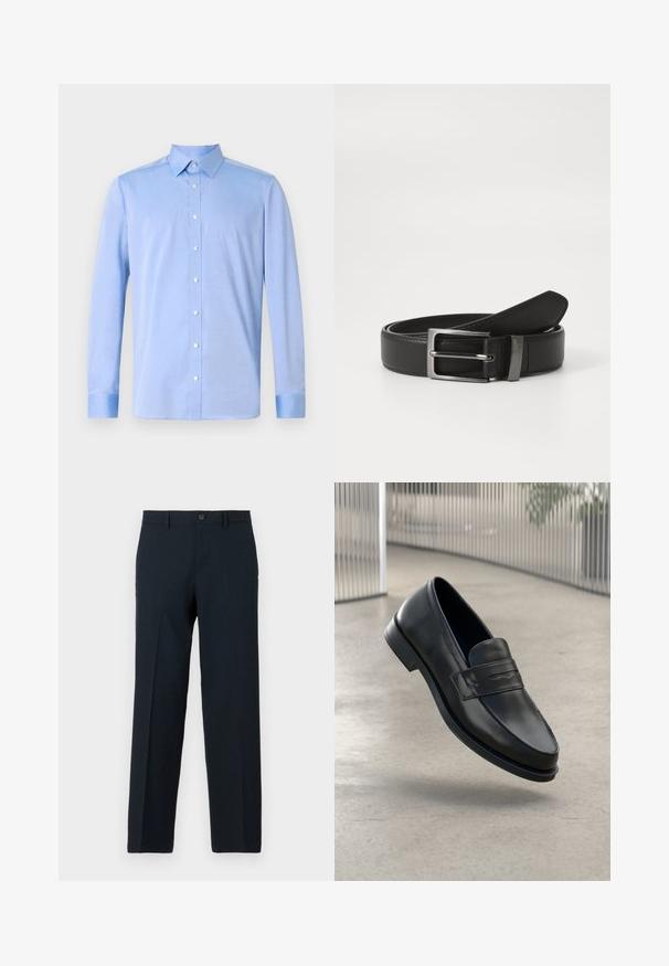 Lichtblauwe overhemd met lange mouwen, een klassieke kraag en witte knopen. De stof lijkt glad met een subtiele textuur.; Zwarte slim-fit broek met knoop- en ritssluiting, ceintuurlussen en rechte pijp.; Zwarte leren loafer met een gladde textuur, spitse neus en een decoratieve band over de wreef. Lichtgewicht zool, minimalistisch ontwerp.; Zwarte leren riem met een zilveren metalen gesp, met een gladde afwerking en een klassiek ontwerp. De riem is netjes opgevouwen.