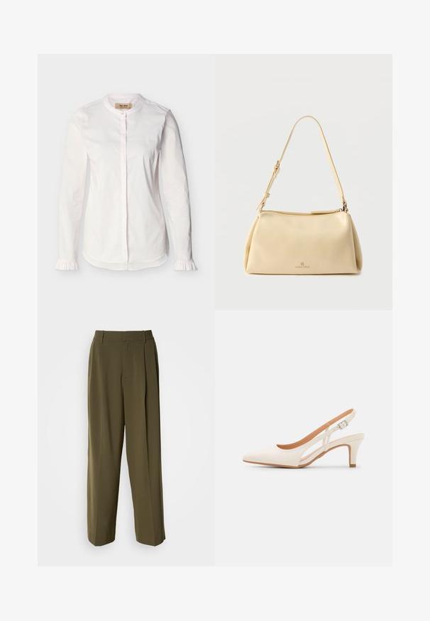 Witte blouse met lange mouwen, bandkraag, verborgen knopenlijst, subtiele verticale strepen en gerimpelde manchetten, weergegeven op een effen achtergrond.; Olijfgroene wijde broek van een gladde stof, met een hoge taille, plooien aan de voorkant en zijzakken voor functionaliteit.; Witte slingback hak met een spitse neus, glad bovenmateriaal, lage blokhak en een design met uitsparingen aan de zijkant, voorzien van een verstelbare gespsluiting.; Beige rechthoekige schoudertas met verstelbare riem en ritssluiting, met een klein "Anna Field" logo middenvoor.