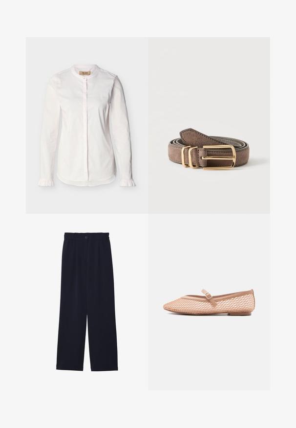 Blouse blanche à manches longues avec col mao, patte de boutonnage dissimulée, fines rayures verticales et poignets à volants, présentée sur un fond uni.; Pantalons large bleu marine avec une texture lisse, taille élastique, pli avant unique et fermeture à bouton à la taille.; Chaussure plate Mary Jane beige avec superposition en maille et bride ajustable à boucle, vue de profil sur un fond neutre.; Ceinture en daim marron roulée avec boucle rectangulaire dorée et deux passants dorés sur un fond clair uni.