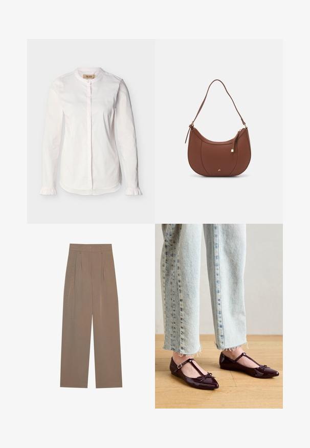 Hvid bluse med lange ærmer, ståkrave, skjult knaplukning, diskrete lodrette striber og flæsekant ved ærmerne, vist på en ensfarvet baggrund.; Brune plisserede bukser med bred ben-design, der har en flad talje og sidelommer, lavet af et letvægtsstof.; Blanke bordeauxrøde balletflade sko med T-rem, der har en sløjfedetalje ved tåen. Kombination med cropped lyseblå denimjeans.; Brun faux læder skuldertaske med buet form, minimal syning og en guldtonet hardwaredetalje. Har en top lynlåslukning og justerbar rem.