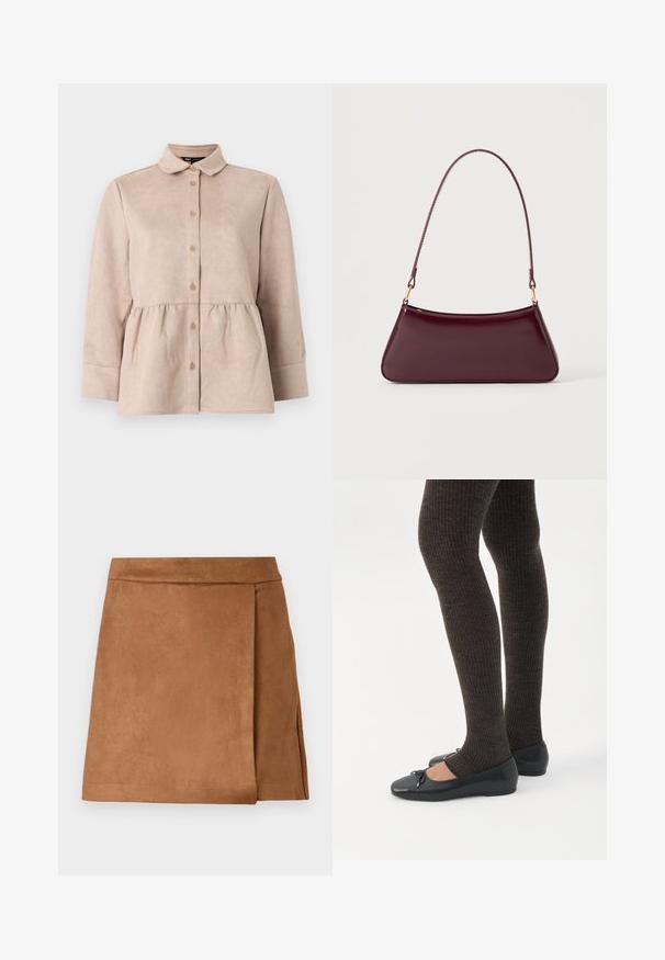 Chemise en daim beige avec un col, fermeture à boutons sur le devant et taille peplum. Elle possède de longues manches et une texture lisse avec de petits boutons.; Jupe mini en daim marron avec un design enveloppant, présentant une texture lisse et une finition propre à l'ourlet. Pas de matériel ou d'accents visibles.; Jambes portant des leggings côtelés foncés associés à des ballerines noires avec de petits détails en nœud sur fond blanc.; Sac à main brillant bordeaux foncé avec une anse fine unique et une forme trapézoïdale élégante sur un fond clair uni.