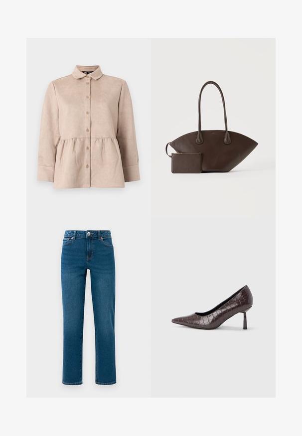 Beige suède shirt met een kraag, knoopsluiting aan de voorkant en een peplum taille. Heeft lange mouwen en een gladde textuur met kleine knopen.; Blauwe rechtvallende denim jeans met vijf zakken, knoop- en ritsluiting, en riemlussen, weergegeven op een witte achtergrond.; Bruine nepleren pumps met een puntige neus en krokodillenstructuur, voorzien van een slanke, hoekige hak en een gladde binnenvoering.; Donkerbruine leren handtas met lange handvatten en bijpassend klein ritstasje op een effen lichte achtergrond.