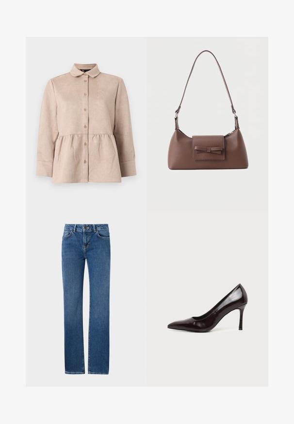 Chemise en daim beige avec un col, fermeture à boutons sur le devant et taille peplum. Elle possède de longues manches et une texture lisse avec de petits boutons.; Jeans en denim bleu à coupe droite. Les caractéristiques incluent une fermeture à bouton, des passants de ceinture et des poches avant. Légère décoloration sur les cuisses.; Chaussure à talon haut en cuir noir à bout pointu avec un talon aiguille fin sur un fond clair uni.; Sac à bandoulière en cuir marron avec une poche à rabat avant ornée d'un détail en forme de nœud cousu et une sangle réglable.
