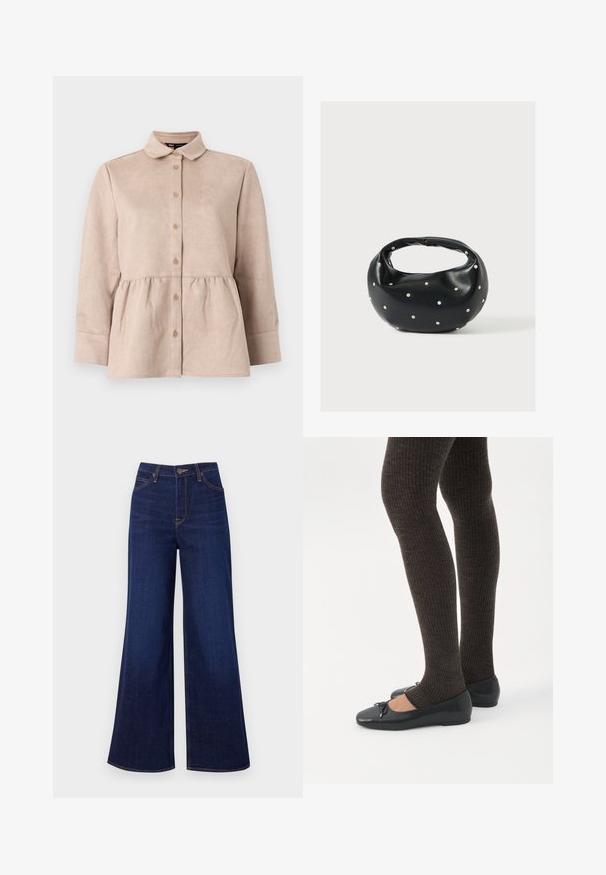 Beige suède shirt met een kraag, knoopsluiting aan de voorkant en een peplum taille. Heeft lange mouwen en een gladde textuur met kleine knopen.; Donkerblauwe wijde jeans van denim, met een hoge taille, vijf zakken en contrasterende oranje stiksels langs de naden.; Benen met donkere geribbelde leggings gecombineerd met zwarte ballerina's met kleine strikdetails op een witte achtergrond.; Zwarte leren handtas met een afgeronde vorm, versierd met zilveren studs, en een korte handgreep. Gladde textuur en ritsluiting.