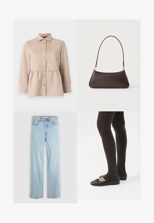 Beige suède shirt met een kraag, knoopsluiting aan de voorkant en een peplum taille. Heeft lange mouwen en een gladde textuur met kleine knopen.; Lichtblauwe denim jeans met een recht model, voorzien van vijf zakken, een klassieke ritsopening en zichtbare stikselaccenten.; Benen met donkere geribbelde leggings gecombineerd met zwarte ballerina's met kleine strikdetails op een witte achtergrond.; Donkerbruine leren handtas met een gebogen bovenrits en een dunne schouderriem met gouden sluitingen op een effen achtergrond.