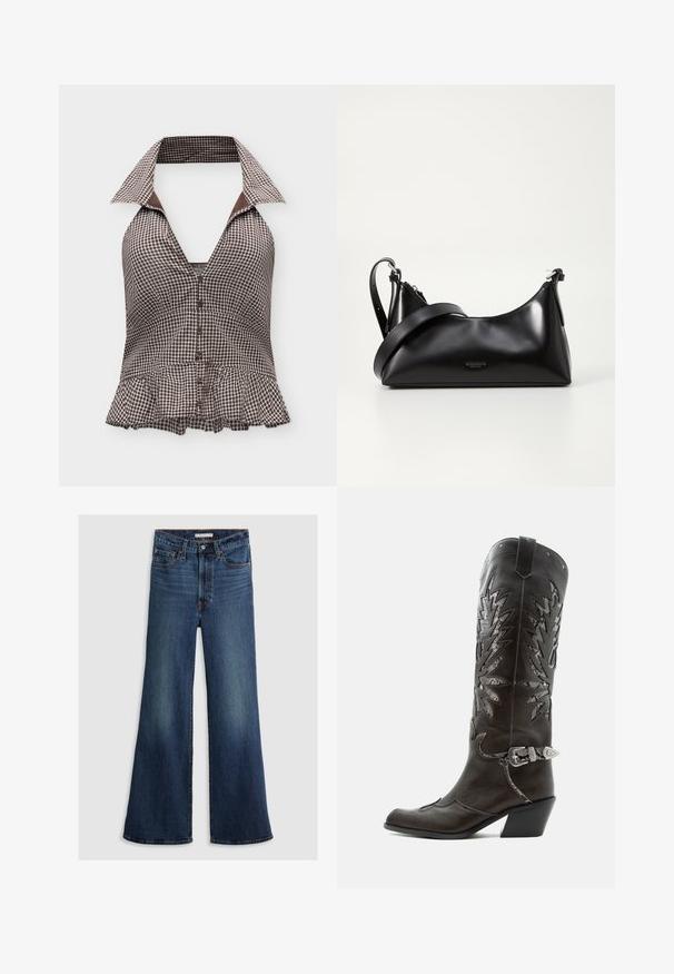 Braun-weiß kariertes Neckholdertop mit großem Kragen, Knopfleiste vorne, tailliert und mit Rüschensaum.; Weite Jeans aus dunkelblauem Denim mit hoher Taille, Fünf-Taschen-Design und kontrastierenden Nähten entlang der Nähte und des Bunds.; Schwarzer Leder-Cowboystiefel mit dekorativen Ausschnitten, silberner Schnalle und schräger Ferse, auf weißem Hintergrund dargestellt.; Schwarze lederne Handtasche mit glatter Textur. Verfügt über einen verstellbaren Riemen und ein elegantes, minimalistisches Design mit einem Reißverschluss.