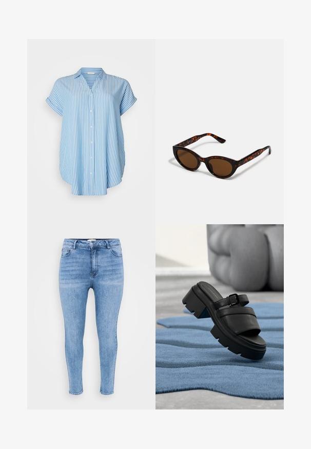 Button-up skjorte i lyseblå med hvide lodrette striber. Korte ærmer, afslappet pasform, letvægtsstof og krave.; Lysblå skinny jeans lavet af denim, med høj talje, fem-lomme design og let falmning langs lårene.; Sort sandal med chunky hæl og spænde, der svæver over et tekstureret blåt tæppe, med slørede bøjede ben i baggrunden.; Brune skildpadde solbriller med en vintage katteøje-form og brune linser. Har buede arme med røde detaljer.