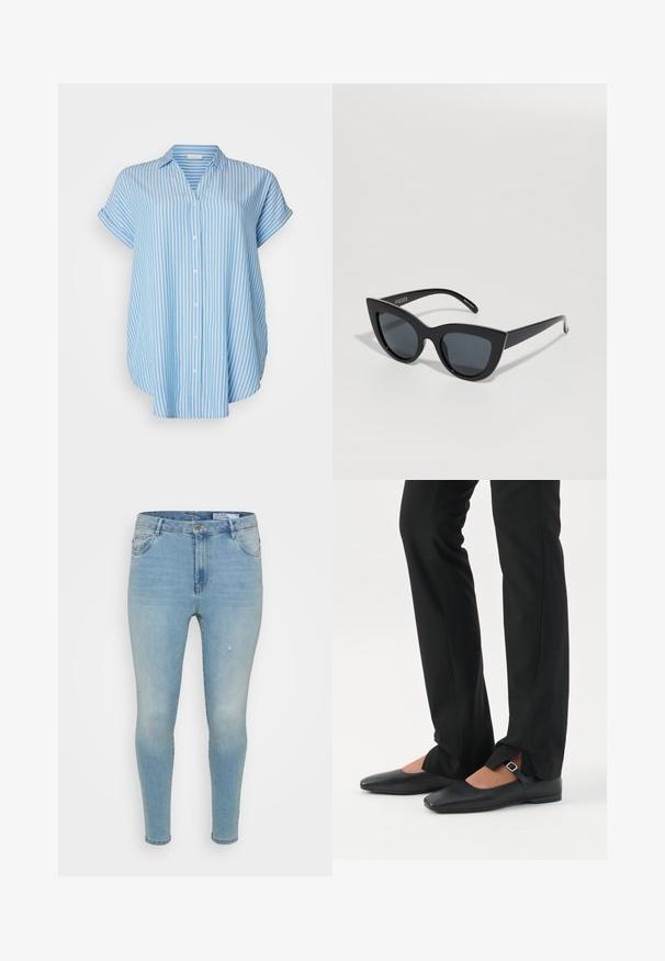 Košeľa na gombíky v svetlomodrej farbe s bielymi vertikálnymi prúžkami. Krátke rukávy, voľný strih, ľahká tkanina a golier.; Svetlomodré denim džínsy so slim fit strihom, so stredne vysokým pásom, klasickým dizajnom s piatimi vreckami a jemnými distressed detailami na prednej strane.; Nohy v čiernych priliehavých nohaviciach s prednými rozparkami na leme, v kombinácii s čiernymi plochými topánkami Mary Jane s malým prackovým remienkom.; Čierne slnečné okuliare v štýle mačacích očí s tmavými sklami, lesklým plastovým rámom a ostrými hranami. Značka viditeľná na ľavej nohe.