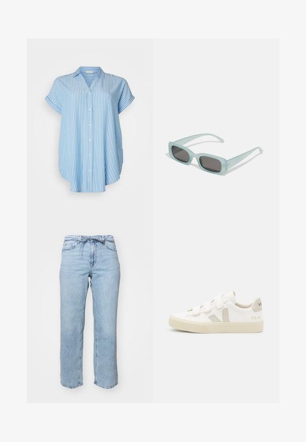 Lichtblauw overhemd met witte verticale strepen. Korte mouwen, relaxte pasvorm, lichte stof en een kraag.; Lichtblauwe denim jeans met een relaxed recht model, vijf zakken en een tailleband met lussen voor een riem. Verzorgde afwerking met subtiele vervaging.; Witte sneakers met klittenbandsluitingen, suède accenten in beige, gestructureerde rubberen zool en een V-logo in grijs. Minimalistisch ontwerp, ronde vorm.; Een paar rechthoekige zonnebrillen met lichtblauwe doorzichtige monturen en donkergrijze glazen, met rechte pootjes en minimale hardwaredetails.