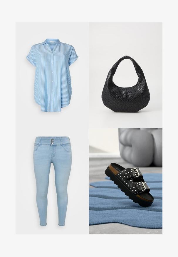 Camisa de botones en azul claro con rayas verticales blancas. Mangas cortas, corte holgado, tejido ligero y cuello.; Jeans ajustados de color azul claro hechos de denim. Cuentan con un cierre de tres botones, dos bolsillos frontales y una textura suave.; Sandalia negra tipo chancla con doble hebilla plateada, diseño con tachuelas, plantilla de corcho y suela gruesa de plataforma negra sobre una alfombra azul texturizada.; Bolso de mano tejido en negro con un asa curvada, que presenta una superficie texturizada y una forma holgada. Acabado suave con una silueta orgánica.