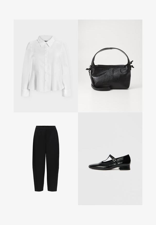 Blouse blanche à manches longues avec boutons, col pointu et légère évasement peplum à la taille, présentée sur un fond uni.; Pantalon noir sur mesure longueur cheville avec passants pour ceinture et poches latérales, présentant une coupe droite légèrement fuselée.; Chaussures Mary Jane en cuir noir avec bout pointu, petit talon carré et bride ajustable avec une boucle argentée. Texture lisse et brillante.; Sac à main en cuir noir au design structuré, avec une poignée arrondie et une bandoulière amovible. Présente une texture lisse et un éclat subtil.
