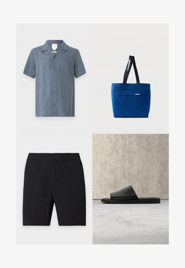 Chemise en lin bleue pour homme à manches courtes, boutonnée, col camp et petit logo devant.; Shorts mi-longs pour hommes noirs avec taille élastique, fermeture par bouton et poches latérales, présentés sur un fond uni.; Sandale slide noire Calvin Klein reposant sur un tapis beige à côté d'une table ronde de couleur ambre, avec un mur en panneaux de bois en arrière-plan.; Sac fourre-tout en toile bleue avec une poche zippée à l'avant, des doubles bretelles et une forme rectangulaire. Dispose d'une étiquette de marque discrète.