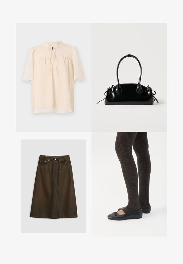 Lyse beige bluse med puffede ærmer, tekstureret stof med subtile prikker, nøglehulshalsudskæring med bånd og blondekant langs bærestykket.; Brun denim A-formet nederdel med høj talje, frontslids, kobbernitter og tonede syninger. Glat tekstur, knælængde design.; Ben iført mørke ribbede leggings kombineret med sorte balletsko med små sløjfedetaljer på hvid baggrund.; Lille sort blank håndtaske med to lange håndtag og snøre-detaljer i siden på en ensfarvet lys baggrund.