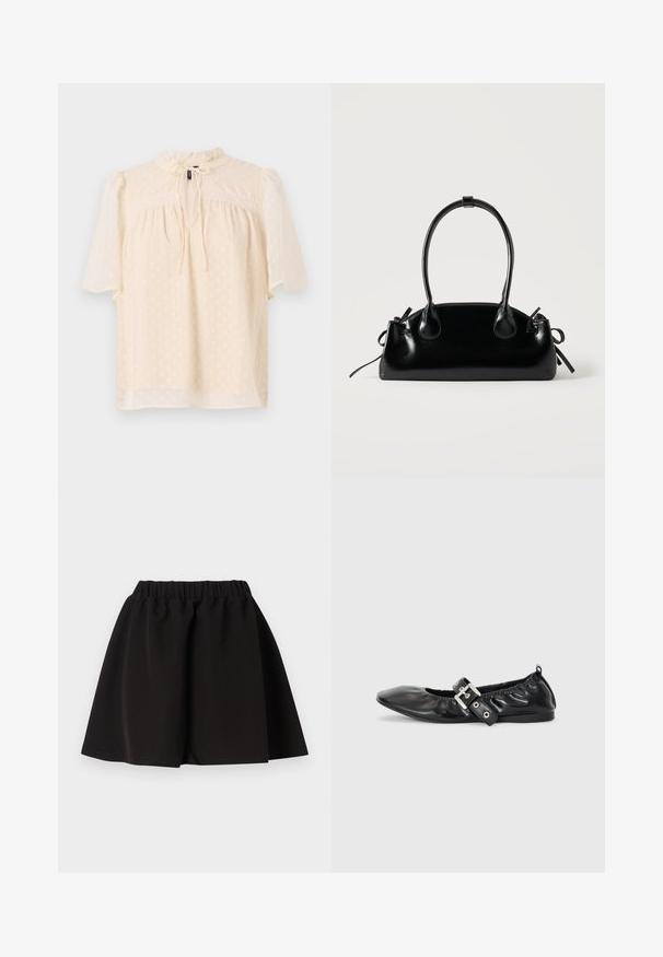 Helebees beez blouse puffidega varrukate ja tekstureeritud kangaga, millel on peened täpid, võtmeaugu kaelus sidumiseks ja pitsäär yoke'i ääres.; Mustast elastse vöökohaga seelik A-lõike ja põlveni ulatuva äärega, lihtsa disainiga, tasapinnal valge taustaga.; Must musta lamega, millel on terav nina, kokkukogutud detailid avause ümber ja hõbedane pandla aktsent reguleeritaval rihmal.; Väike must läikiv käekott kahe pika sangaga ja külgedel paelakinnitustega, ühel lihtsal helel taustal.