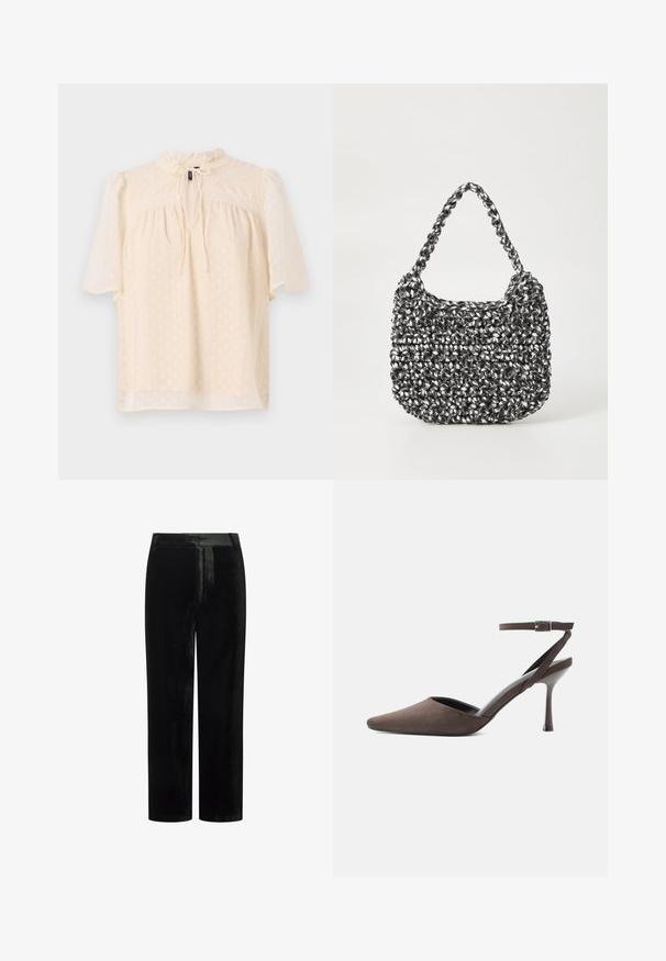 Helebees beez blouse puffidega varrukate ja tekstureeritud kangaga, millel on peened täpid, võtmeaugu kaelus sidumiseks ja pitsäär yoke'i ääres.; Mustad sametpüksid sirge lõikega, millel on lame vöökoht ja sile tekstuur, sobivad nii ametlikuks kui ka igapäevaseks kandmiseks.; Pruun seemisnahast terava ninaga kõrge kontsaga king, millel on õhuke pahkluu rihm ja hõbedane pandlaga valgel taustal.; Mustri kott musta ja valgega, ümar kuju, tekstureeritud pind ja punutud käepide. Sobib igapäevaseks kasutamiseks.