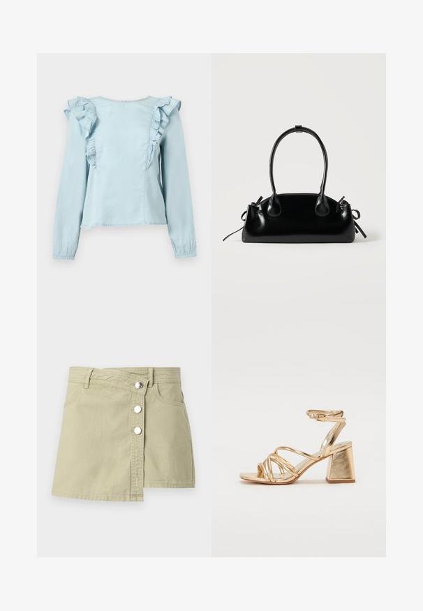 Lyseblå bluse med lange ærmer og flæsedetaljer langs skuldrene foran og elastiske manchetter mod en ensfarvet baggrund.; Beige denim omlægningnederdel med sølvfarvede trykknapper foran og bæltestropper, der har en let overlapning på højre side foran.; Guldfarvede hæle-sandaler med en strappy design, firkantet blokhæl og justerbar ankelrem med spænde. Glat tekstur.; Lille sort blank håndtaske med to lange håndtag og snøre-detaljer i siden på en ensfarvet lys baggrund.