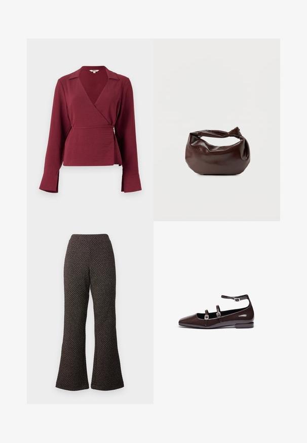 Blusa envolvente burdeos con mangas largas, cuello con muesca y detalle de lazo en la cintura, que presenta una tela texturizada y puños de mangas acampanados.; Pantalones negros acampanados hechos de un tejido texturizado con un diseño de punto, que cuentan con una cintura alta y piernas anchas.; Bailarinas de charol marrón con punta afilada, que presentan dos correas ajustables y hebillas de plata, además de un tacón cuadrado bajo.; Bolso de hombro de cuero marrón oscuro con una forma suave y caída, y un asa con nudo torcido sobre un fondo blanco liso.