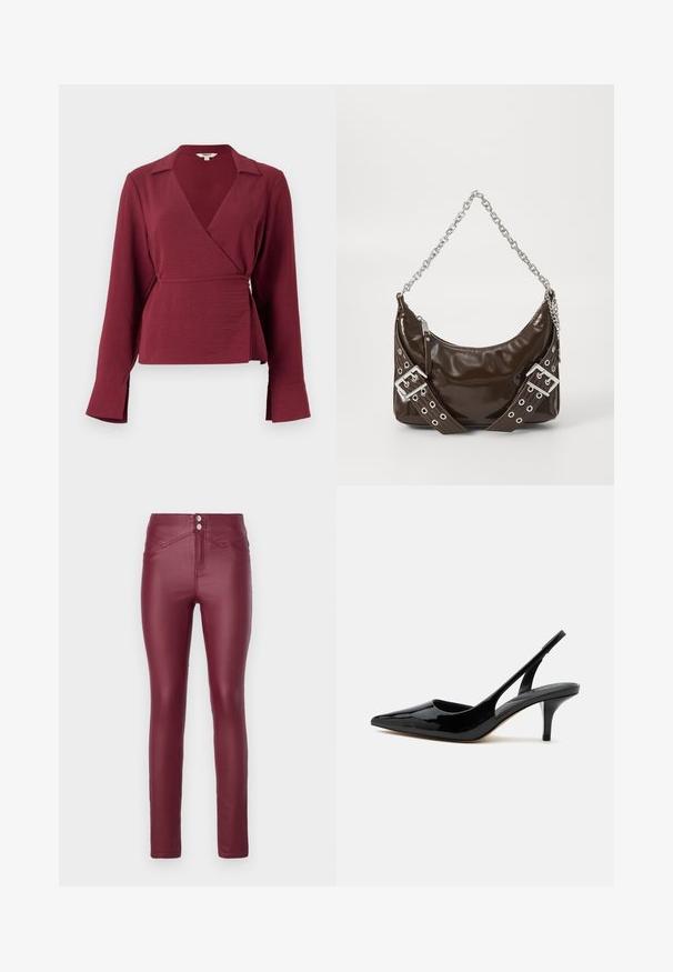 Blusa envolvente burdeos con mangas largas, cuello con muesca y detalle de lazo en la cintura, que presenta una tela texturizada y puños de mangas acampanados.; Pantalones skinny de imitación de cuero burdeos con cintura alta, presentan dos botones frontales, bolsillos frontales a inglete y una textura suave y brillante.; Zapato slingback de charol negro con tacón kitten, punta afilada y tacón bajo y delgado sobre fondo blanco.; Bolso de mano de cuero patentado marrón oscuro con cadena plateada, cinturones decorativos de doble hebilla y cierre de cremallera.