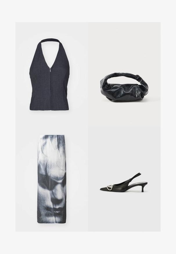 Haut halter en denim foncé avec un décolleté en V profond, fermeture éclair sur le devant et design ajusté. Texture lisse et style minimaliste.; Jupe longue noir et blanc avec un imprimé graphique représentant un visage, dotée d'une texture lisse et d'une silhouette ajustée.; Escarpin noir en cuir avec un bout pointu, arborant un accent logo argenté et un petit talon. Texture lisse et design minimaliste.; Sac noir en matériau texturé et brillant avec une poignée circulaire torsadée et une fermeture éclair. Présente un design doux et froissé.