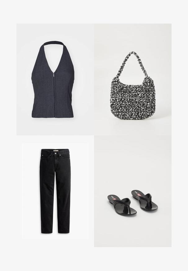 Mørk denim halterneck-top med dyb V-udskæring, lynlåslukning foran og tætsiddende design. Glat tekstur og minimalistisk stil.; Sorte straight-leg jeans med knap- og lynlåslukning, bæltestropper samt for- og baglommer, vist fladt på hvid baggrund.; Melissa QUANTUM THONG X DIESEL - Sandaler m/ tåsplit - black; Vævet håndtaske i sort og hvid med en rund form, tekstureret overflade og et fletet håndtag. Velegnet til afslappet brug.