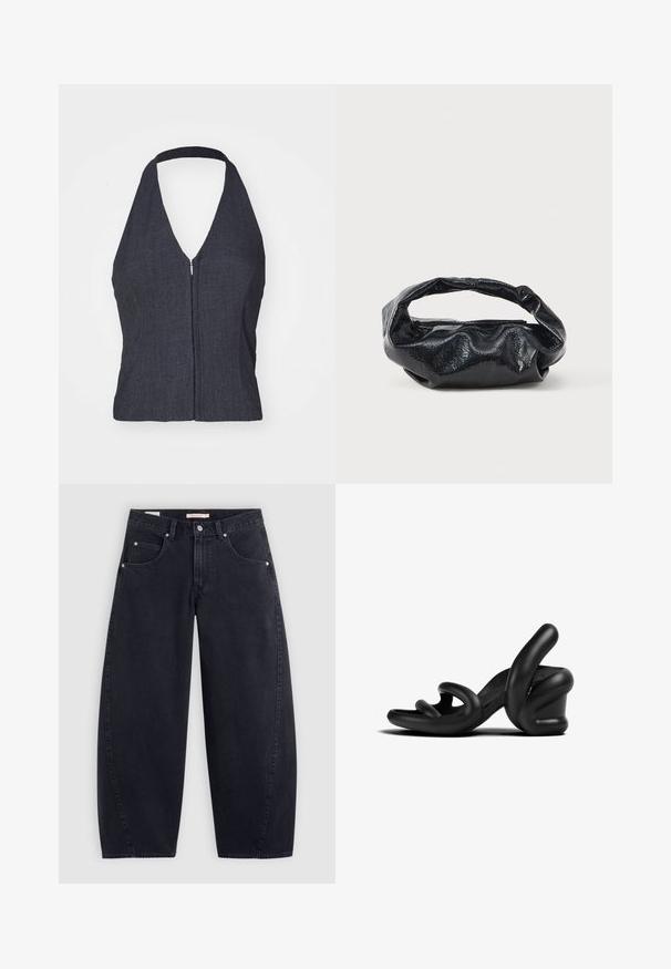 Mørk denim halterneck-top med dyb V-udskæring, lynlåslukning foran og tætsiddende design. Glat tekstur og minimalistisk stil.; Sorte denim wide-leg jeans med høj talje, to frontlommer og sølvhardware. Glat tekstur, minimale stikninger og lige snit.; Sorte høje hæle sandaler med et skulpturelt gummi-design. Har buede remme og en kraftig hæl. Glat mat overflade.; Sort taske lavet af blankt, tekstureret materiale med et cirkulært, snoet håndtag og lynlås. Har et blødt, rynket design.