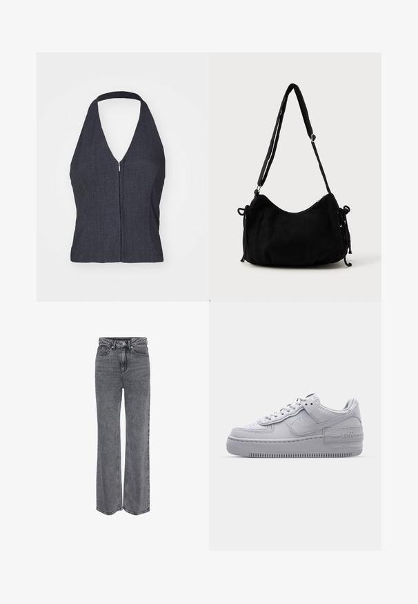 Mørk denim halterneck-top med dyb V-udskæring, lynlåslukning foran og tætsiddende design. Glat tekstur og minimalistisk stil.; Grå denimjeans i høj talje og med lige ben, med frontknap, lynlåslukning og klassisk design med fem lommer.; Grå Nike Air Force 1 sneakers med perforeret tå, glat læderoverdel, tyk sål og præget 'AIR' detalje på hælen.; Sort kordfløjls skuldertaske med en buet form, justerbar strop og snorelukninger på begge sider til størrelsejustering.